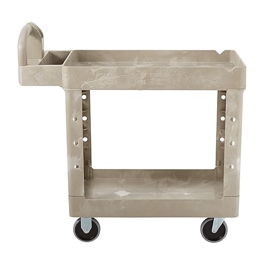 BRUTE Heavy Duty 2-Shelf Utility/Service Cart, Small, Lipped Shelves, Ergonomic Handle, 500 lbs. Capacity, Beige, for Warehouse/Garage/Cleaning/Maintenance