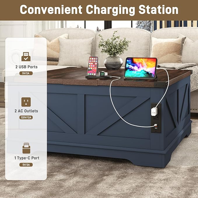 40” Large Farmhouse Lift Top Coffee Table with Power Outlets and Large Hidden Storage, Square Wood Living Room Tables, Multi-Function Lift Wooden Barn Door Center Table, Blue