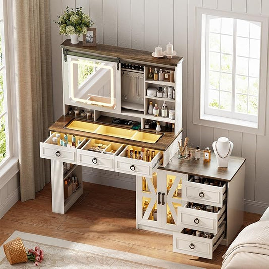 60" W Farmhouse Makeup Vanity Desk with Sliding Mirror and Lights, Charging Glass Top Large Vanity Table with Jewelry Storage,Vanity Set with 6 Drawers,10 Shelves,Side Storage Cabinet,White