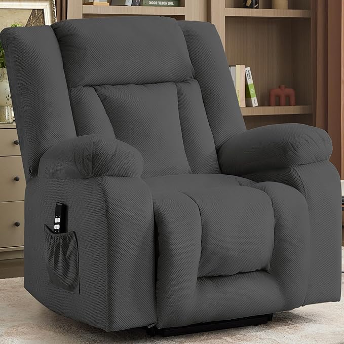 Oversized Dual Motor Power Lift Recliner for Adults, Electric Lift Chair with Heating and Massage, Waffle Fabric Electric Recliner Chair with Side Pockets, Wide Recliner for Living Room