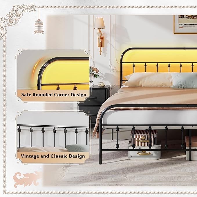 WLIVE Bed Frame King Size, King Size Bed Frame with Storage and Headboard, King Bed Frames with LED Lights and Charging Station, Black