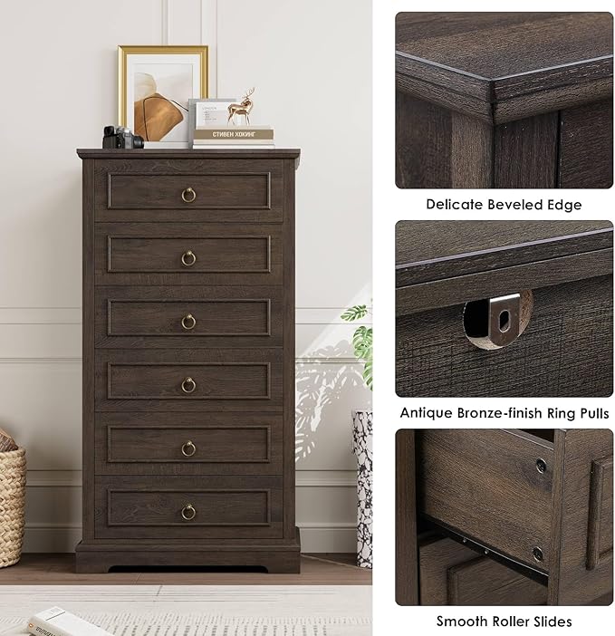 HOSTACK 6 Drawer Dresser for Bedroom, 52" Tall Dresser, Modern Farmhouse Vertical Chest of Drawers for Bedroom, Wooden Closet Chest, Wood Storage Cabinet for Living Room, Entryway, Dark Brown