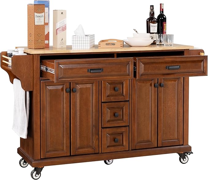 Generic 60.5"" Kitchen Island on Wheels, Rolling Island Table for Kitchen with Double Storage Cabinet and 5 Drawers, Portable Kitchen Cart with Rubber Wood Top, Mahogany, Large