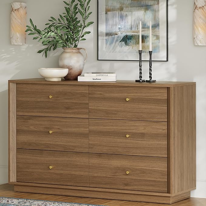 Mid Century Modern Dresser, 6 Drawer Dresser with Storage, 47" Wide Chest of Drawers with Wood Grain Texture, Drawers Organizer for Bedroom, Living Room, Hallway, Walnut