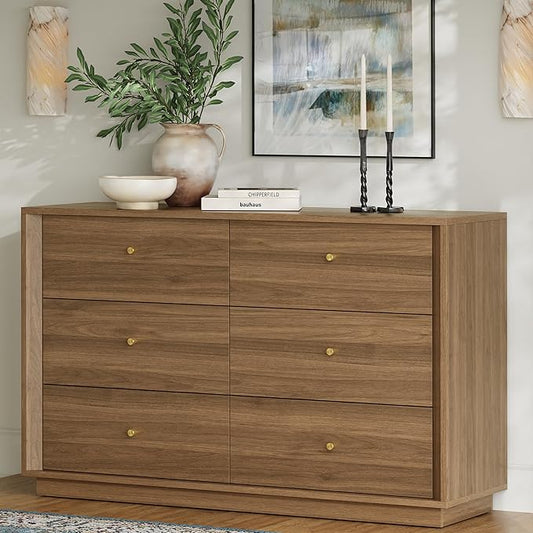 Mid Century Modern Dresser, 6 Drawer Dresser with Storage, 47" Wide Chest of Drawers with Wood Grain Texture, Drawers Organizer for Bedroom, Living Room, Hallway, Walnut