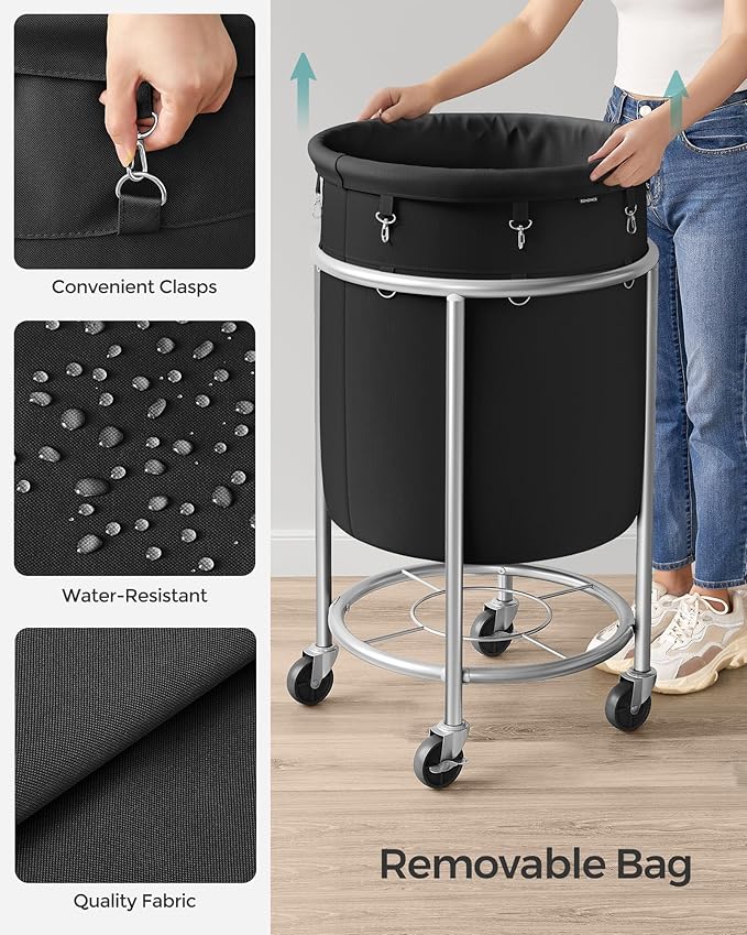 SONGMICS 29-Gallon (110 L) Laundry Basket with Wheels, Rolling Round Heavy-Duty Laundry Hamper Cart with Steel Frame and Removable Bag, 2 Locking Wheels, Ink Black and Metallic Silver URLS002B01