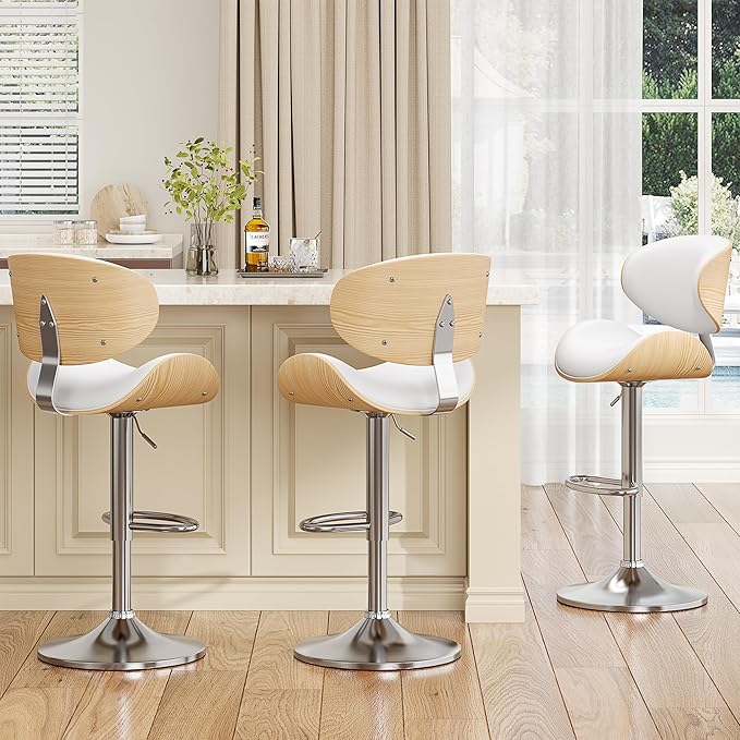 Bar Stools, Kitchen Counter Bar Stool Island Barstool with Back Set of 3, Snow White