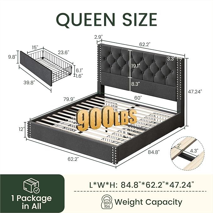 Queen Size Bed Frame with 4 Storage Drawers and Tufted Headboard Linen Upholstered Platform Bed Frame with Heavy Duty Wood Slats, No Box Spring Needed, Easy Assembly, Grey
