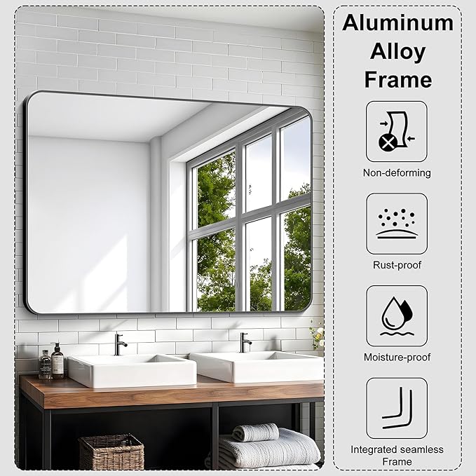 KOCUUY 36"x48" Large Rectangle Vanity Mirror, Black Metal Frame Mirror with Rounded Corner, Modern Design of Upgraded Shatterproof Glass for Bathroom, Bedroom, Living Room, Entryway