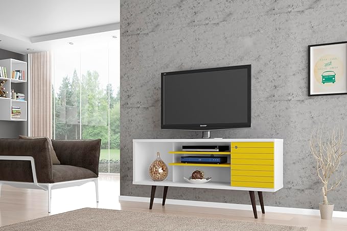 Manhattan Comfort Liberty Mid Century Modern TV Stand for Televisions up to 50 Inches, Bedroom and Living Room Entertainment Center with Storage, Shelves, and Cabinet, 53" Wide, White/Yellow