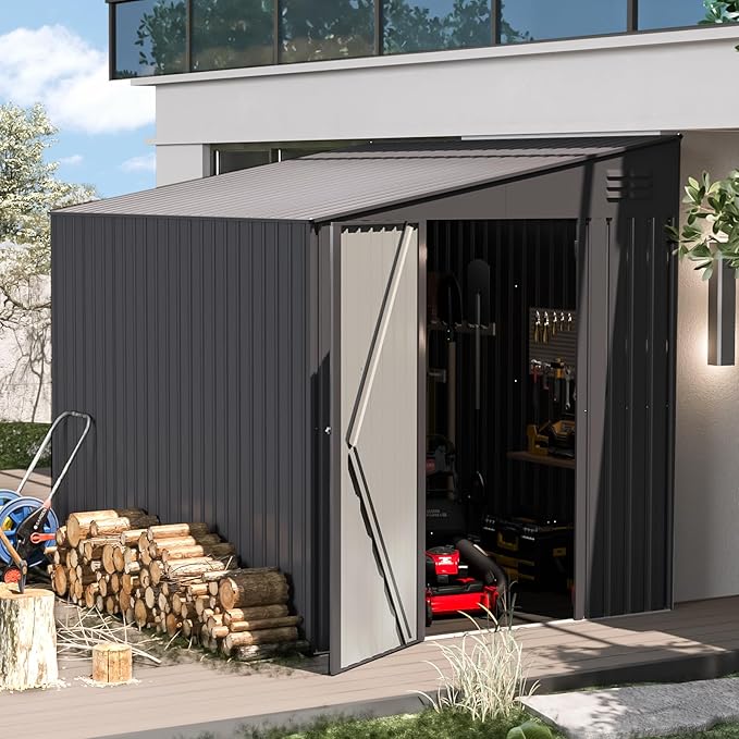 AECOJOY Shed Lean to Storage Shed, Outdoor 6' x 8' Metal Wall Side Bike Shed & Outdoor Storage, Garden Storage Cabinet for Backyard, Patio and Outdoor Use in Dark Grey