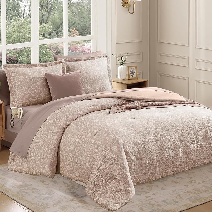 King Comforter Set -7 Pieces Almond Pink Floral Comforter Set for All Seasons, Bed in a Bag King with Botanical Flowers Comforter, Sheets, Pillowcases & Shams