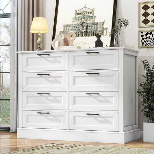 Odeekea White Dresser for Bedroom, Wood Dresser with 8 Drawers, Chest of Drawer for Bedroom Living Room Entryway Hallway, Modern Farmhouse Style