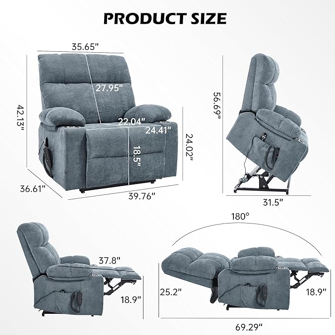 Oversized Recliner with Massage and Heating, Power Lift Chairs for Elderly, Extra Wide Recliner Chair for Living Room with Cup Holders, Dual Motor, Chenille Fabric - Grayish Blue