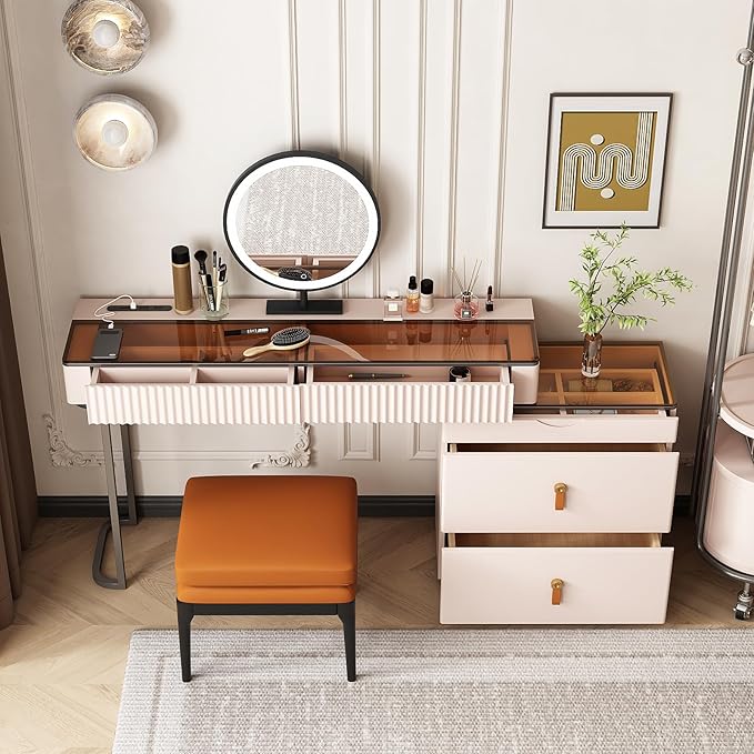 Lartis Makeup Vanity、extendable Dresser Set、Dressing Table,Super Storage、LED Lighted Vanity Mirror with ash All Solid Wood upholstered Makeup Stool
