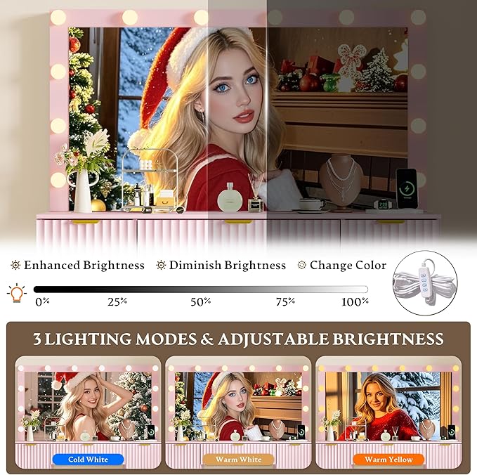 Vanity Desk with Large 42" Mirror and Lights, Pink Fluted Makeup Table Set with Storage Drawers, Power Outlet & Stool, 3 Lighting Modes & Adjustable Brightness, Dressing Table for Women Girls Bedroom