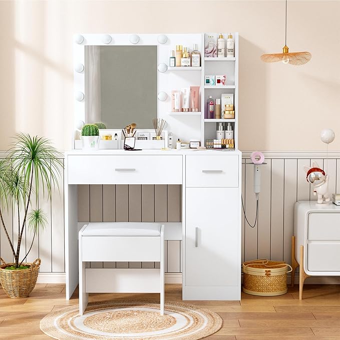 Vanity Mirror with Lights Desk and Chair: Make up Vanity with Mirror and Lights, Vanity Dresser with Drawers and Stool, for Bedroom Dressing Room (White)