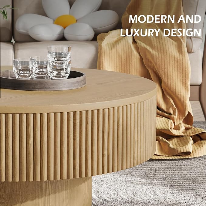 35” Round Fluted Coffee Table, Modern Wood Circle Coffee Table, Veneer Handcrafted Relief Tea Table with Sturdy Pedestal for Living Room, Easy Assembly - Natural
