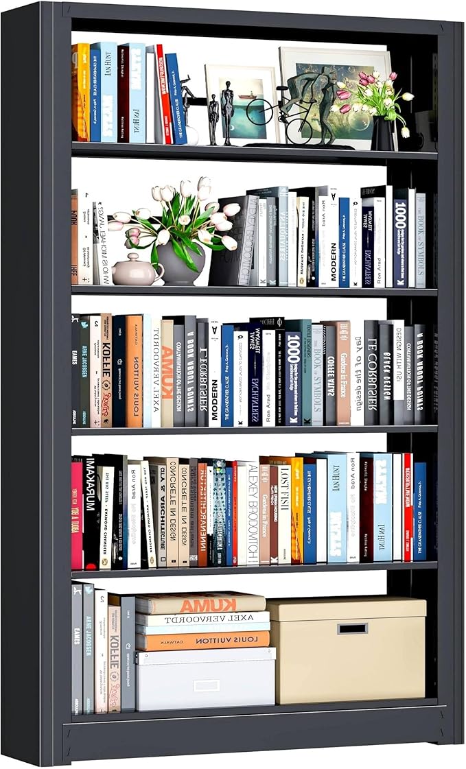 Heavy Duty 5-Tier Metal Bookshelf, Industrial Tall Book Shelf with Adjustable Shelves, 280lbs Shelf Capacity, Large Office Bookcase, Display Book Organizer for Living Room Bedroom Library -69”H,Black