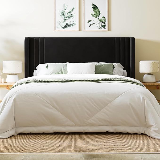 Allewie Full Size Velvet Platform Bed Frame with Vertical Tufted Wingback Headboard, Easy Assembly, Under Bed Storage, No Box Spring Required, Modern Style, Black