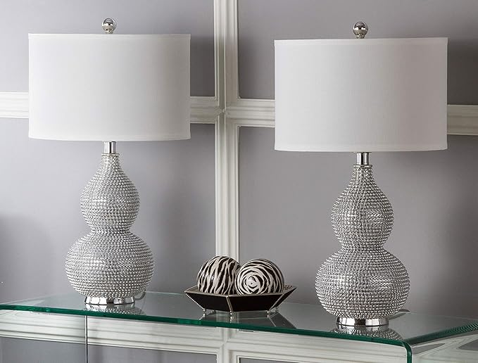 Safavieh Lighting Collection Nicole Bead Base Silver and White Table Lamp, Set of 2