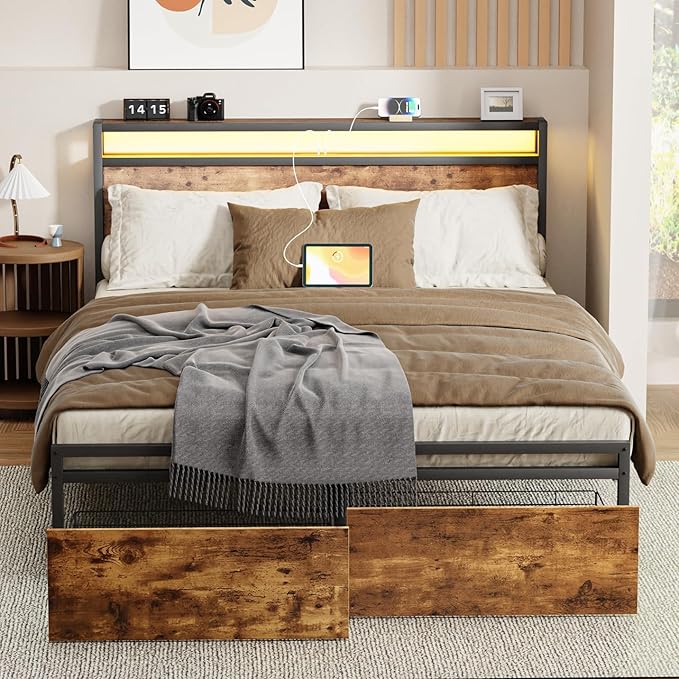 Full Bed Frame w/ 2 Storage Drawers, Full-Size Platform Bed Frame w/Headboard, Adjustable RGB LED Light, Charging Station, Full Metal Bed Frames No Spring Box Required, Brown