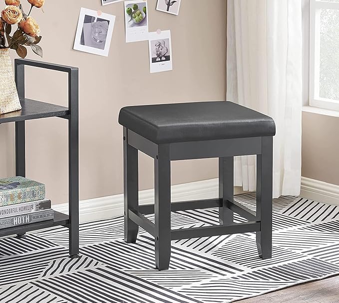 BEWISHOME Vanity Stool, Bedroom Vanity Chair with Upholstered Seat, Desk & Piano Stool Soft Cushioned Seat, Square 18” Height Makeup Bench, Vanity Bench Capacity 300lb Black FSD06H