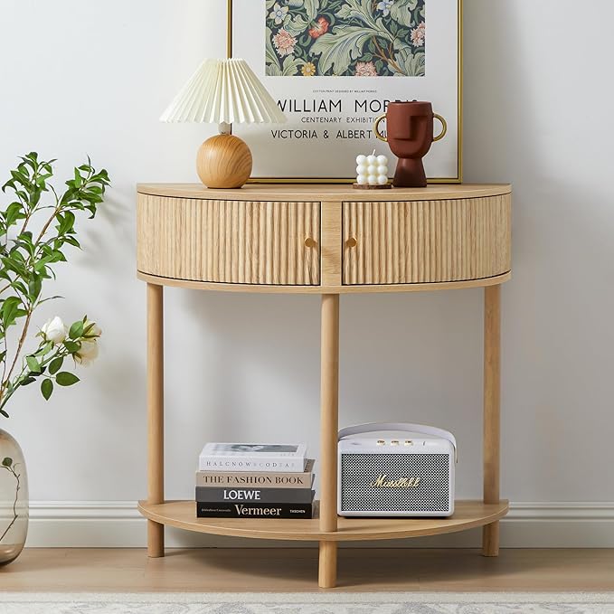 Fluted Half Moon Console Table, Modern Small Entry Table Sofa Table with Storage, Solid Wood Legs Narrow Entryway Table for Living Room, Hallway, Foyer(Natural)