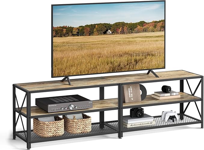 VASAGLE TV Stand, TV Console for TVs Up to 75 Inches, TV Table, 70.1 Inches Width, TV Cabinet with Storage Shelves, Steel Frame, for Living Room, Bedroom, Turquoise Brown and Black ULTV096B60