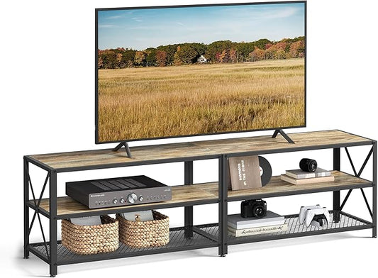 VASAGLE TV Stand, TV Console for TVs Up to 75 Inches, TV Table, 70.1 Inches Width, TV Cabinet with Storage Shelves, Steel Frame, for Living Room, Bedroom, Turquoise Brown and Black ULTV096B60