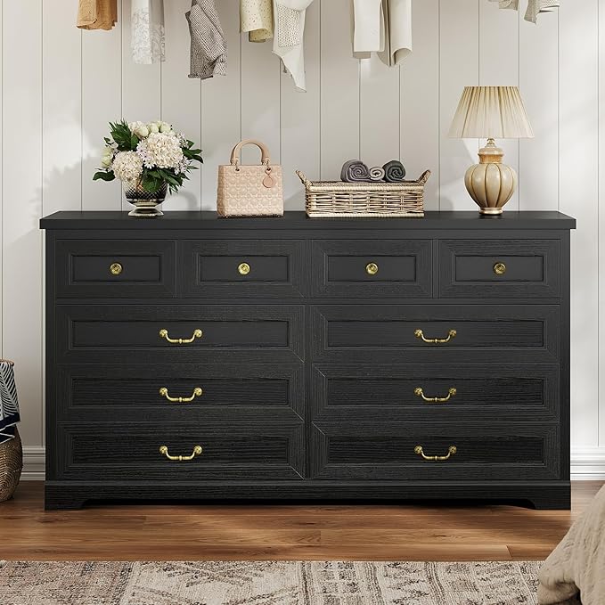 DICTAC 10 Drawers Dresser for Bedroom,55" Wide Farmhouse Dresser with Natural Texture and Vintage Metal Handles, Rustic Wood Chest of Drawers for Bedroom, Living Room, Hallway,Black