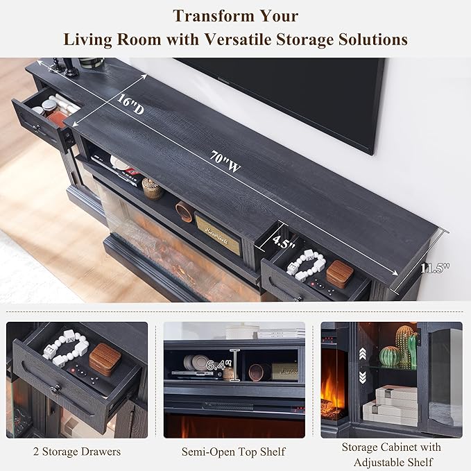 Farmhouse Electric Fireplace TV Stand for TVs up to 80", Entertainment Center with 36" 3-Sided Glass Electric Fireplace & LED Lights, 70-inch TV Console for Living Room, Black