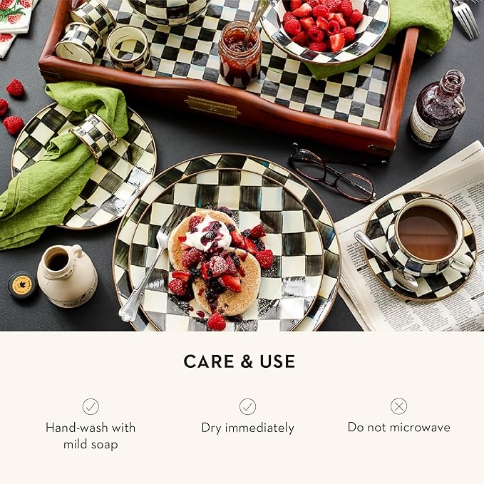 MACKENZIE-CHILDS Enamel Dinner Plate, Decorative Dinnerware Plate, 10 Inches, Set of 4, Black-and-White Courtly Check