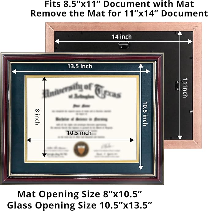 GraduationMall 8.5x11 Diploma Frame with Navy over Gold Mat or Display 11x14 Certificate without Mat,Solid Wood & UV Protection Acrylic,Glossy Cherry Finish with Gold Trim
