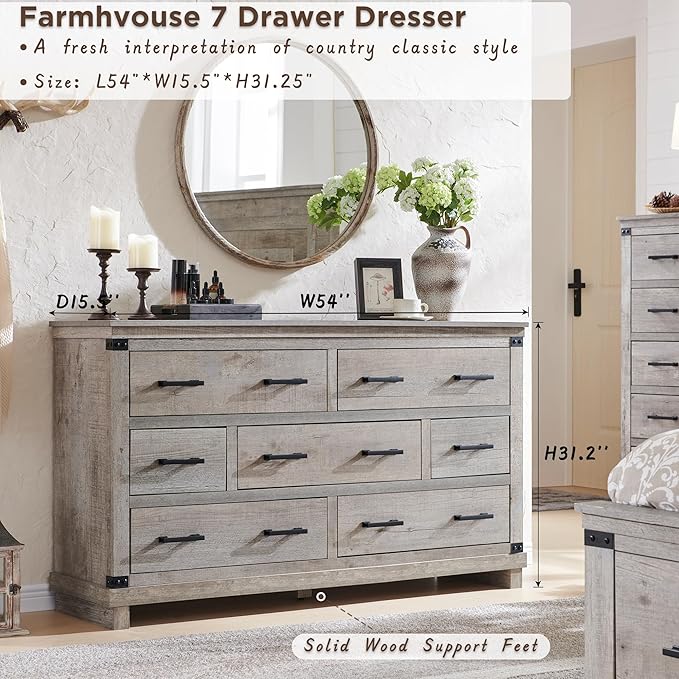 T4TREAM Farmhouse 7 Drawers Dresser for Bedroom, 54" Wide Wood Chest of Drawers w/Natural Texture & Metal Handle, Rustic Storage Dressers Organizer for Living Room, Hallway, Light Rustic Oak