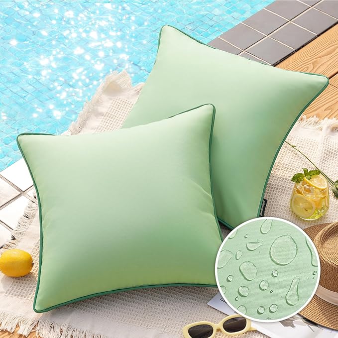 Phantoscope Pack of 2 Outdoor Waterproof Throw Pillow Covers with Contrast Piping, Decorative Square Cushion Case Patio Pillows for Couch Tent Sunbrella, Sage Green 18x18 inches
