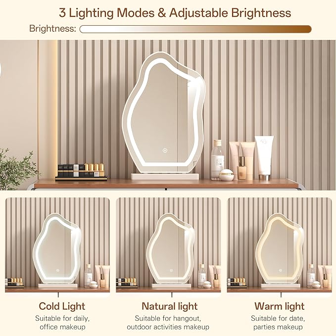 Vanity Desk with Mirror and LED Lights| Small Makeup Table with 5 Drawers and Adjustable Storage Cabinet| Modern Space-Saving Dressing Table for Bedroom(Walnut Top with Gray Base)