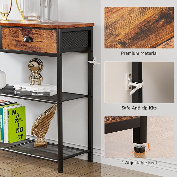 Furologee Console Sofa Table with Storage Shelf for Entry Way, Small 30'' Entryway Table with 2 Fabric Drawers, Industrial Display Shelves for Hallway, Entrance, Foyer, Rustic Brown