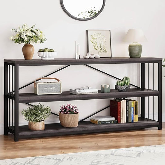 LVB 3-Tier Rustic Console Table, Extra Long Entryway Table with Storage, Industrial Skinny Wood Metal Sofa Table with Shelf, Modern Narrow Hallway Table for Foyer Living Room Bedroom, Dark Gray, 70 In