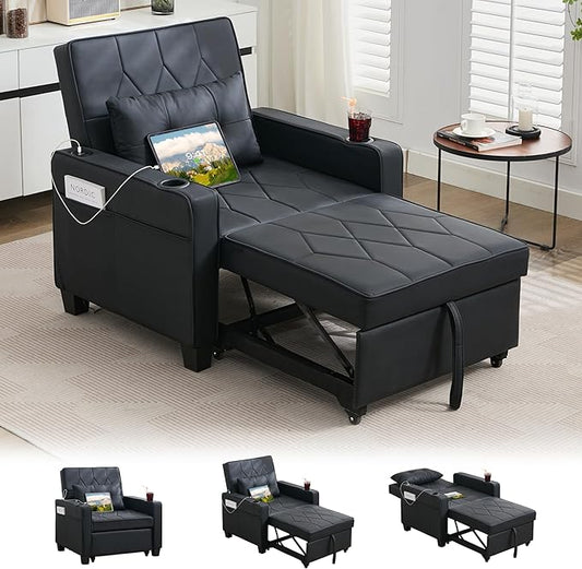 TYBOATLE Leather Convertible Sleeper Chair Bed for Adults, 3-in-1 Pull Out Sofa Chair Bed with USB/Type-C Ports, Cup Holders, Side Pockets, Single Sofa for Living Room, Bedroom, Office (Black)