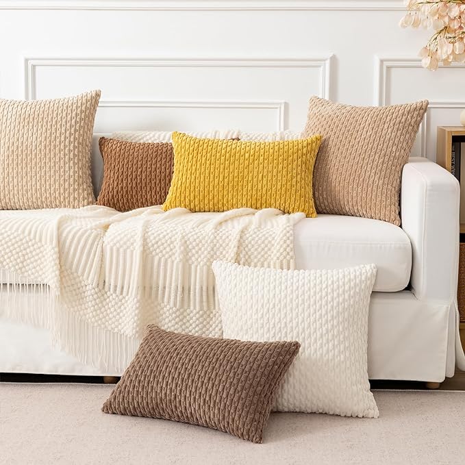 Kevin Textile Throw Pillow Covers Soft Corduroy Decorative Set of 2 Boho Striped Pillow Covers Pillowcases Farmhouse Home Decor for Couch Bed Sofa Living Room 22x22 Inch Mustard Yellow