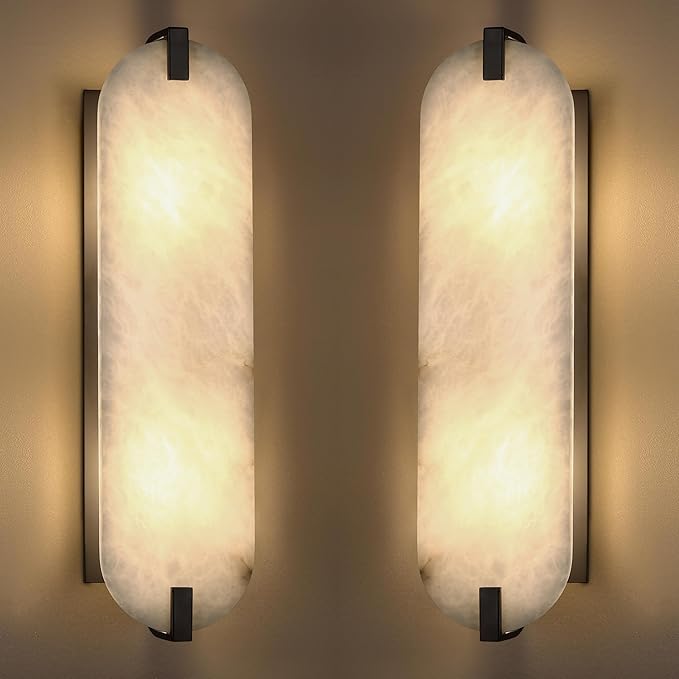 2 Pack 2 Light 20.7" Natural Oval Alabaster Marble Bathroom Wall Sconce Modern Concise Style Wall Light Fixture,Black Finish for Bedroom Hallway Bedside