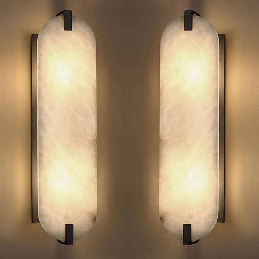 2 Pack 2 Light 20.7" Natural Oval Alabaster Marble Bathroom Wall Sconce Modern Concise Style Wall Light Fixture,Black Finish for Bedroom Hallway Bedside