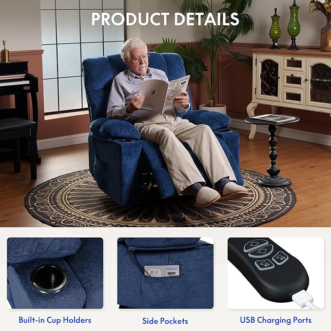 FLEXISPOT XL5 Dual OKIN Motor Power Lift Recliner Chair for Elderly, Lay Flat Electric Recliner with Massage & Heat, USB Ports, Fabric Reclining Sofa for Living Room Bedroom, Blue