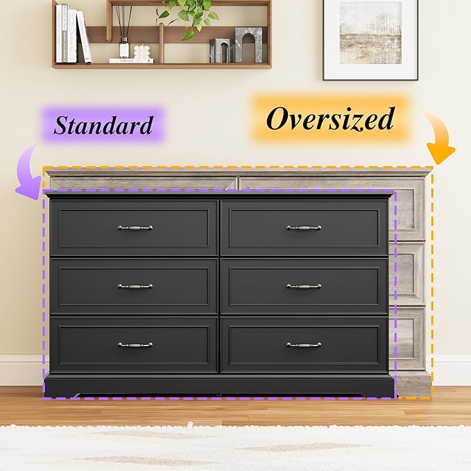 Dresser for Bedroom with 6 Drawer, Farmhouse Dresser for Closet, 53'' Wide Rustic Wooden Chest of Drawers with Natural Wood Texture, Vintage Storage Organizer for Living Room, Hallway, Black