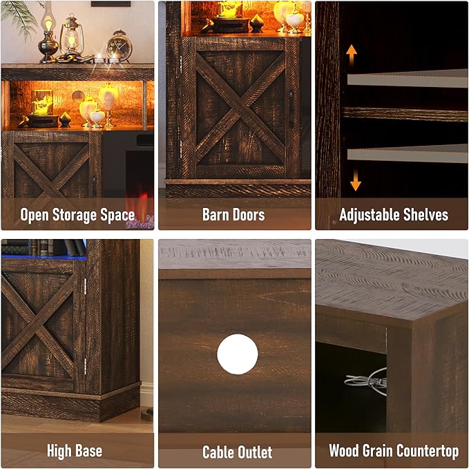 Farmhouse TV Stand with 36" Fireplace for 80" TV, 70" Fireplace Entertainment Center with Barn Doors and LED Light, Tall TV Stands for Living Room, Brown