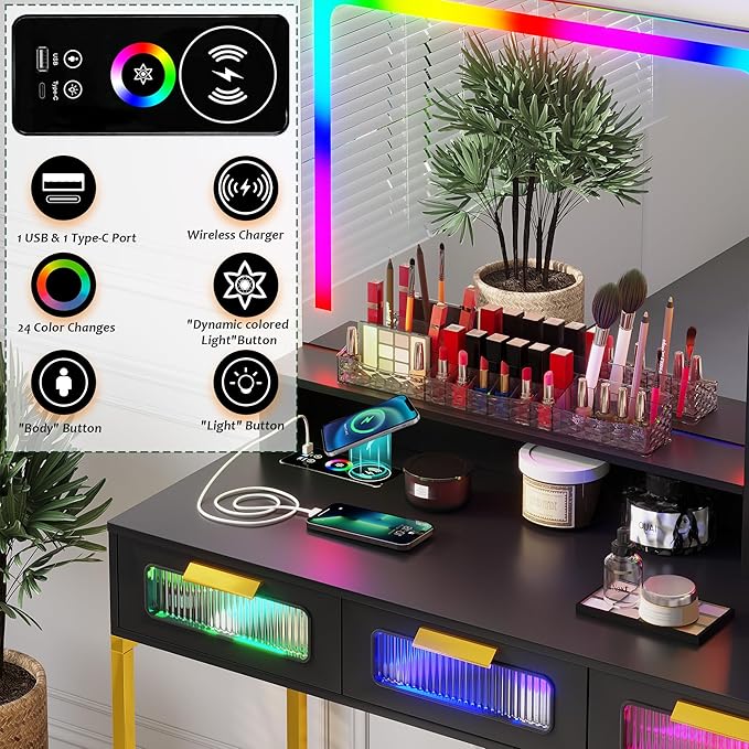 HNEBC RGB Vanity Desk with Mirror and Lights, LED Vanity Makeup Desk with USB/Wireless Charger Station, Vanities Dressing Table Sets with 6 Drawers/Cabins/Stool/Shelves for Bedroom&Cloakroom,Black