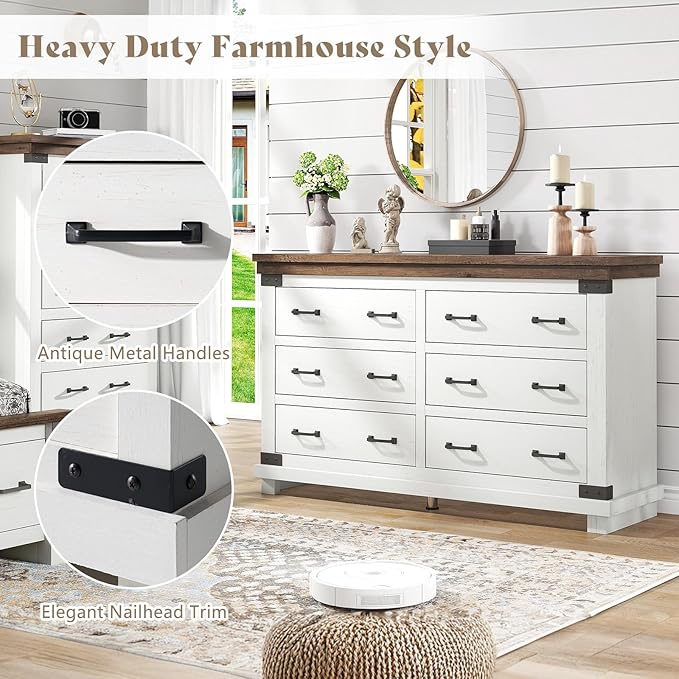 AMERLIFE Farmhouse 6 Drawers Dresser Chests for Bedroom, Wood Large Chest of Drawers/w Thick Plank Styling, Rustic Heavy Duty Closet Storage Dresser Organizer, Living Room, Hallway, Antique White