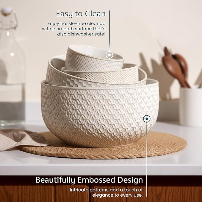 KooK Ceramic Mixing Bowls, Nesting Set of 4, Embossed Kitchen Dishware, Prep, Serving, Gift, Microwave and Dishwasher Safe, 20/44/98/145 oz, Narbonne Collection (Ivory)