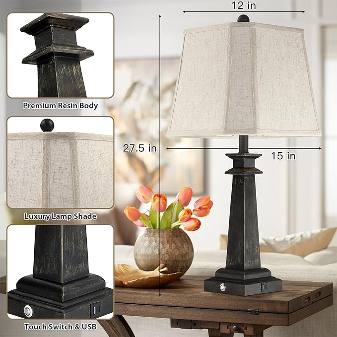 27.5" Table Lamp for Bedroom, 3-Way Dimmable Touch Lamp for Nightstand, Farmhouse Table Lamp for Living Room with USB A+C Charging Ports, Bulb Included (Black)